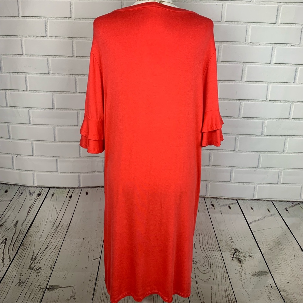 MARY SQUARE Boutique Shift Dress Ruffle Sleeve Coral Large - Picture 3 of 4